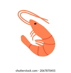 Shrimp, Raw Fresh Seafood. Whole Prawn With Antennae, Head, Eyes, Legs And Tail. Sea Food Drawn In Doodle Style. Colored Flat Vector Illustration Isolated On White Background