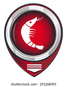 Shrimp. Red map pointer. Vector illustration.
