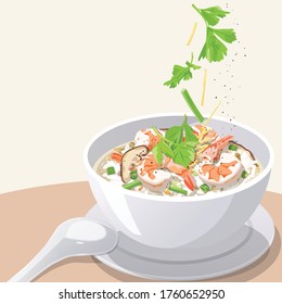 Shrimp rice soup poured on top with celery, young ginger, and pepper.(Khao Tom Goong)