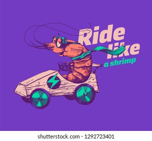 Shrimp is riding an electric go cart vector illustration. Hand drawn racer crab wearing goggles and scarf racing with fast car. Line art design for posters and cool stickers on purple background.