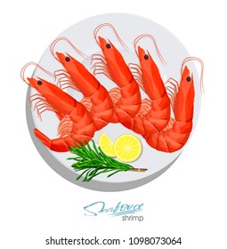 Shrimp with rosemary and lemon on the plate. Vector illustrationin cartoon style. Seafood product design. Inhabitant wildlife of underwater world. Edible sea food.