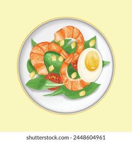 Shrimp salad with corn, egg and tomatoes