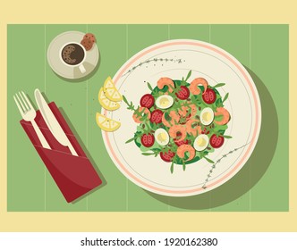 Shrimp salad and cup of black coffe