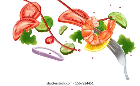 Shrimp salad flying with ingredient and fork steel isolated on white background. Realistic vector in 3D illustration. Food concept. 