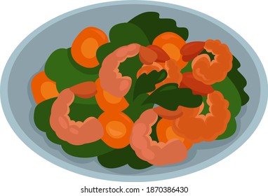 Ensalada de camarón, ilustración, vector sobre fondo blanco.