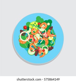 Shrimp salad with vegetable, tomato, onion, lemon and cucumber. Healthy food on blue dish. Salad vector illustration.