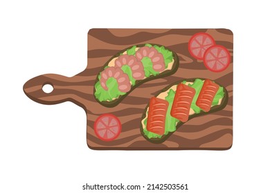 Shrimp, salmon, tomato sandwiches on a kitchen board on a white background. Vector image.