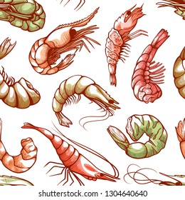 Shrimp sea shellfish seamless seafood cuisine pattern. Small free-swimming crustacean decor. Vector illustration on white background