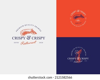 Shrimp seafood Hand Draw Logo Template with Premium Vintage Typography. Stylish Vintage Vector Emblem Concept.