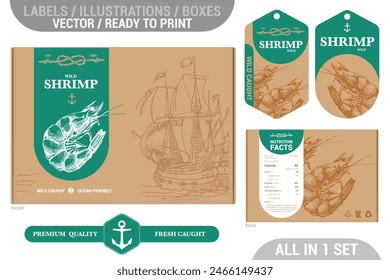 Shrimp seafood Premium quality package design set featuring modern hand drawn illustrations and labels set. Seafood