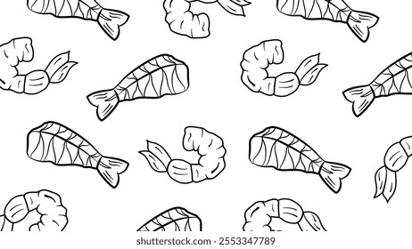 Shrimp or seafood seamless pattern in hand drawn style. Seamless doodle background shrimp seafood pattern