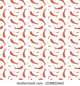 Shrimp seafood seamless pattern. Isolated shrimp on white background. Logo. Prawns


