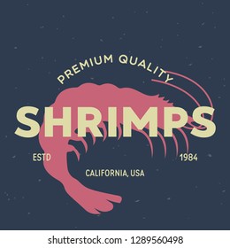 Shrimp, seafood. Vintage icon Shrimp label, logo, print sticker for Meat Restaurant, butchery meat shop poster with text, typography Shrimp, seafood. Shrimp silhouette. Poster, banner.