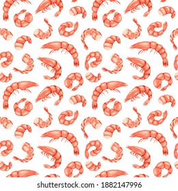 Shrimp seamles pattern. Prawn background. Seafood repeating pattern. Vector illustration.
