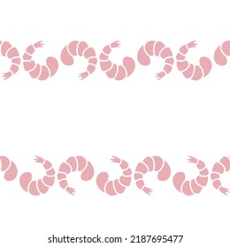 Shrimp. Seamless horizontal border. Repeating vector pattern. Pink seafood. Shrimp tail. Isolated colorless background. Endless ornament. Flat style.