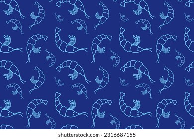 Shrimp seamless pattern, blue background for seafood menu with prawns, editable doodle hand drawing