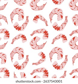 Shrimp seamless pattern. Boiled prawn seafood print, fresh delicious sea animal ingredient for restaurant menu, abstract shrimps texture. Vector background.