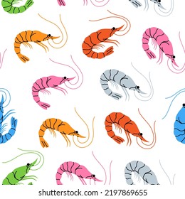 Shrimp seamless pattern. Colored shrimp prawn background. Fresh prawn seafood hand drawn pattern