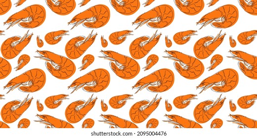 Shrimps nahtloses Muster.   Doodle.  Handgezeichnetes Muster mit Garnelen. Meeresfrüchte. Geeignet für Bildschirmhintergründe, Webseiten-Hintergründe, Oberflächentexturen, Textilien.