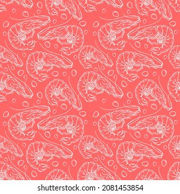 Shrimp seamless pattern illustration. Shrimp pattern in isolated vector on orange background.