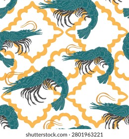 Shrimp seamless pattern, marine motifs. Hand drawn with sketch style elements, Japanese style. Wallpaper, background, print for fabric