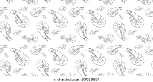 
Shrimp seamless pattern on a white background. Fresh. Seafood. Doodle. Organic. Hand-drawn pattern with shrimps. Suitable for wallpapers, web page backgrounds, surface textures, textiles.