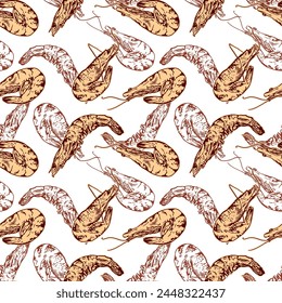 Shrimp nahtlose Muster, rosa Krebstiere. Vektorillustration isoliert auf weißem Hintergrund. Zum Verpacken von Papier, Stoff, Abdeckungen, Textilien, Lebensmitteltaschen.
