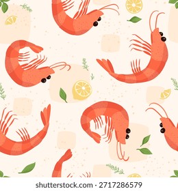 Shrimp nahtloses Muster. Garnelen mit Zitrone und Kräutern, Vektorgrafik. Delikatesse Meer und Meer.  Fisch und Meeresfrüchte niedlich Druck.