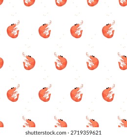 Shrimp nahtloses Muster. Garnelen auf weißem Hintergrund. Ozean und Meer Delikatesse Vektorgrafik.  Fisch und Meeresfrüchte niedlich Druck.