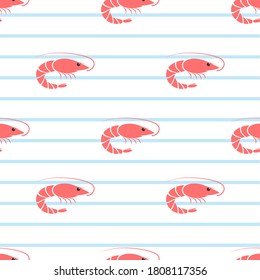 Ilustración vectorial sin fisuras de camarón. Patrón de alimento marino fresco sobre fondo blanco. 