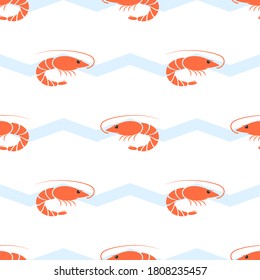 Shrimp seamless vector illustration. Fresh sea food pattern  on white background. 