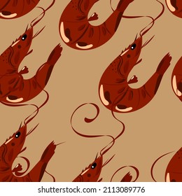 Shrimp seamless vector pattern on a dark background, hand drawn.