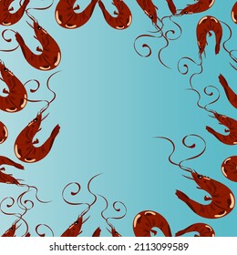 Shrimp seamless vector pattern on a blue background, hand drawn.