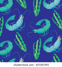 Shrimp seaweed pattern vector pattern blue. seafood vector