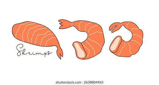 Shrimp set. Hand drawn lineart peeled shrimps vector illustration and hand written inscription. Sign for menu of fish restaurants, for packaging, markets and shops. Red shrimps or prawns. Seafood.