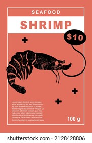 Shrimp. Set of posters of fishes and seafood in a abstract draw design. Label or poster, price tag. Simple, flat design. Patterns and backgrounds. Perfect for poster, cover, banner.