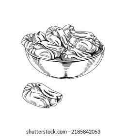 Shrimp shape jelly candy heap in bowl, retro hand drawn vector illustration. Sweet dessert, sketch vintage engraving isolated on white background.