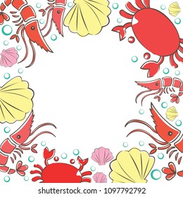 Shrimp, shell and crab frame border design vector.