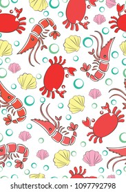 Shrimp, shell and crab seamless background vector.