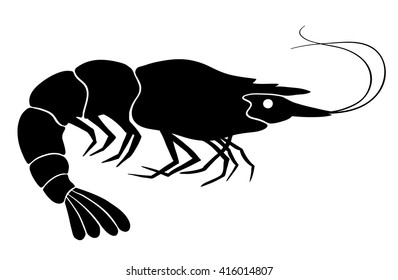Shrimp silhouette. Black on the white. Vector illustration. 