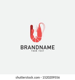 Shrimp silhouette bussines. Hand drawn vector design for business, sea cafe. Lettering illustration for logo and label.  Vector image with text Fresh shrimp. Letter U