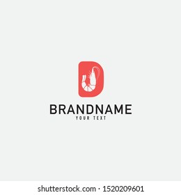 Shrimp silhouette bussines. Hand drawn vector design for business, sea cafe. Lettering illustration for logo and label.  Vector image with text Fresh shrimp. Letter D