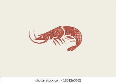 Shrimp silhouette hand drawn stamp effect vector illustration. Vintage grunge texture emblem for package and menu design or label decoration.