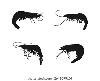 Shrimp silhouette icon. Seafood logo, sign, symbol. Sea Caridea animal. black shrimp silhouettes, showcasing variety in pose. vector illustration design on a white background.