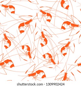 Shrimp silhouette isolated on white. Seamless pattern with crustaceans. Graphic texture, print.