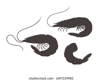 Shrimp silhouette. Isolated shrimp on white background. Prawns