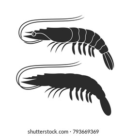 Shrimp silhouette. Isolated shrimp on white background. Prawns