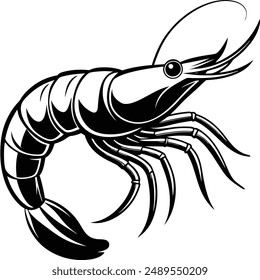 Silueta de camarón, Icono de Vector recortado de gambas en blanco y negro
