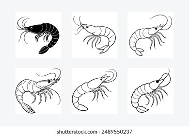 Silueta de camarón, Icono de Vector recortado de gambas en blanco y negro
