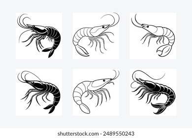 Shrimp silhouette, Prawn cut-out vector icon black and white